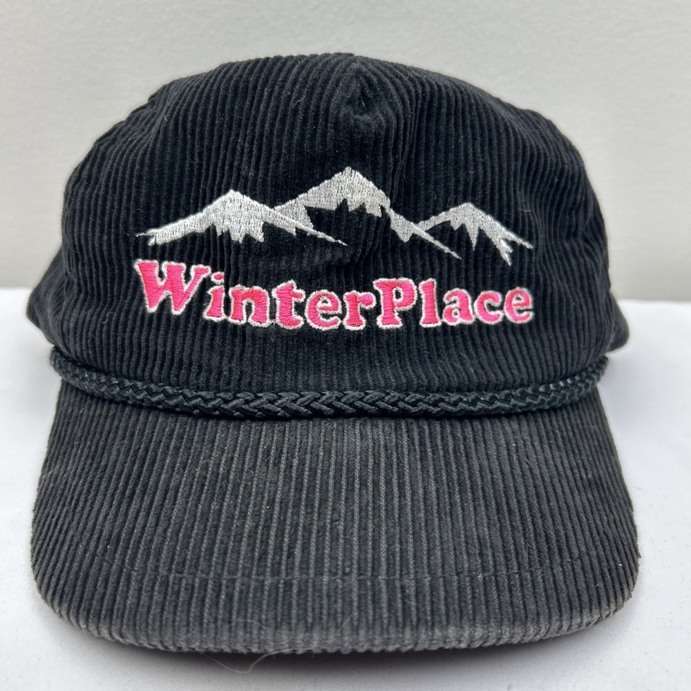VTG Winterplace Hat Ski Resort WV Black Corduroy Embroidered Rope Snapback Cap